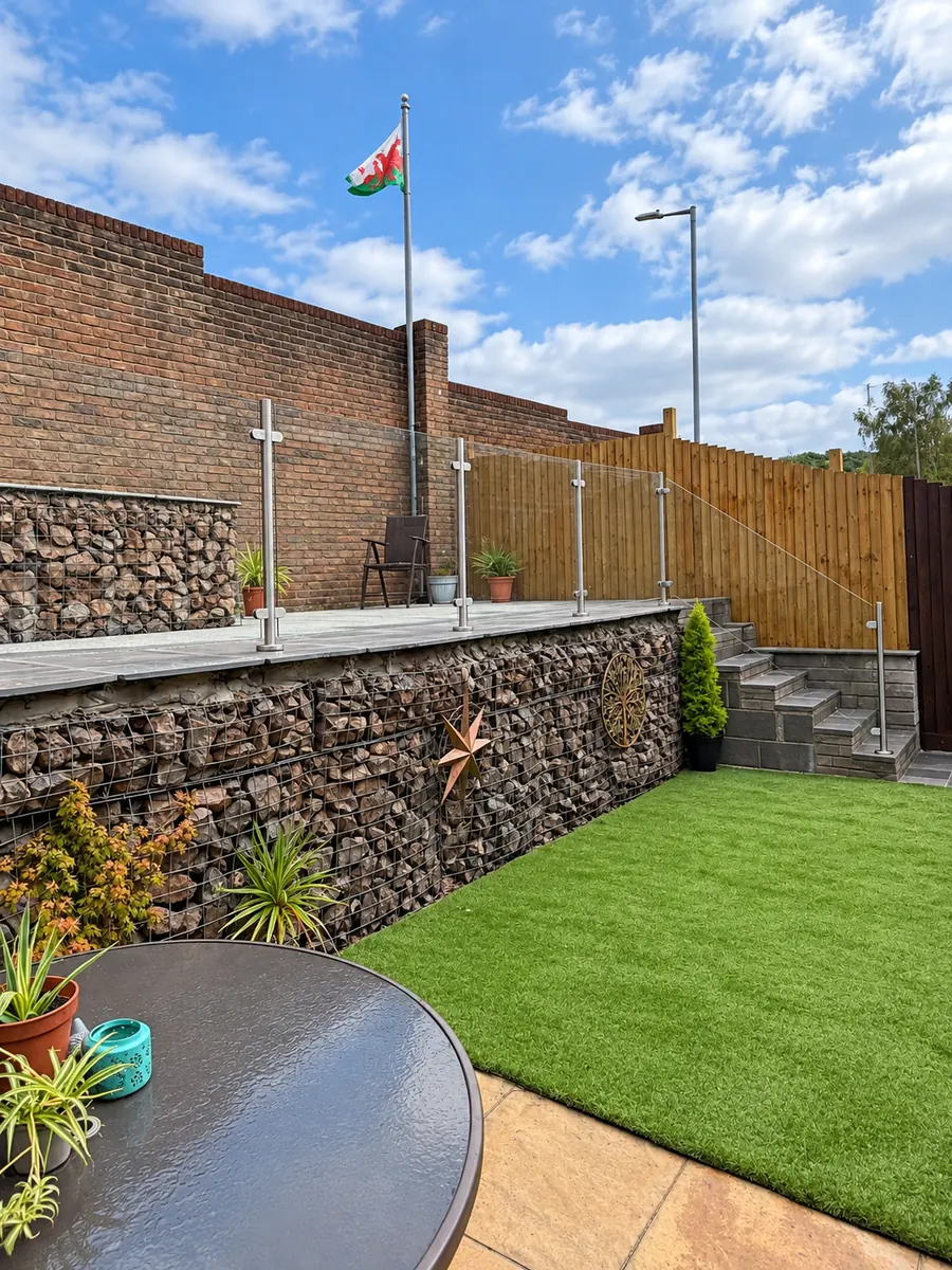 Artificial lawn, slab paving, retaining wall and timber fence