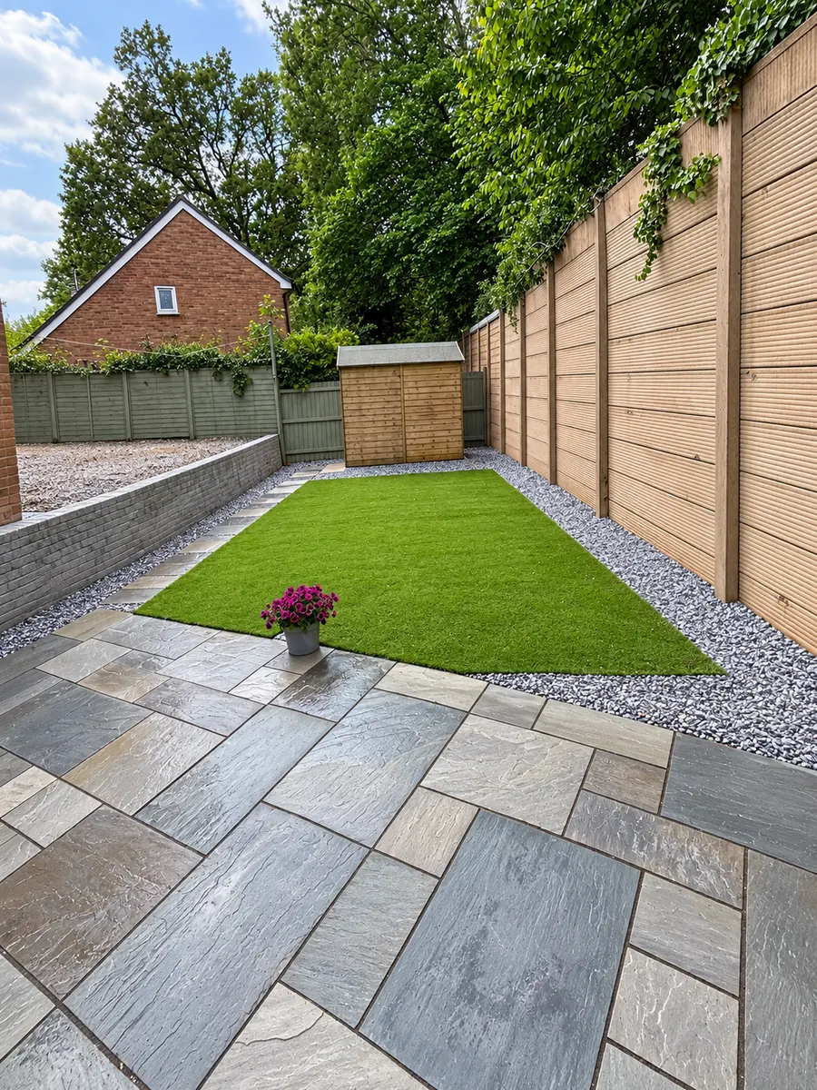 Sandstone patio, artificial lawn and gravel border