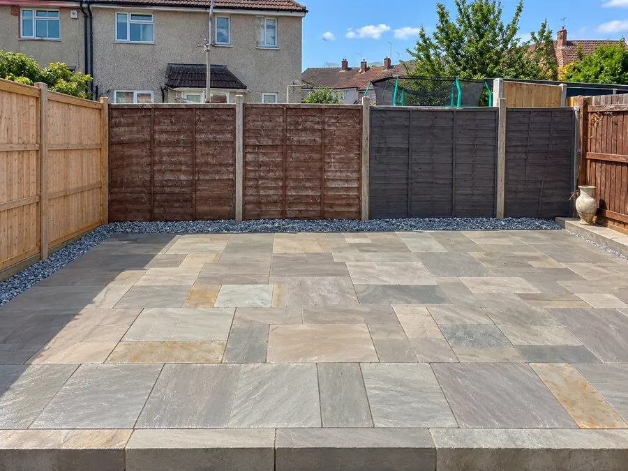 Finished sandstone patio and timber boundary fencing