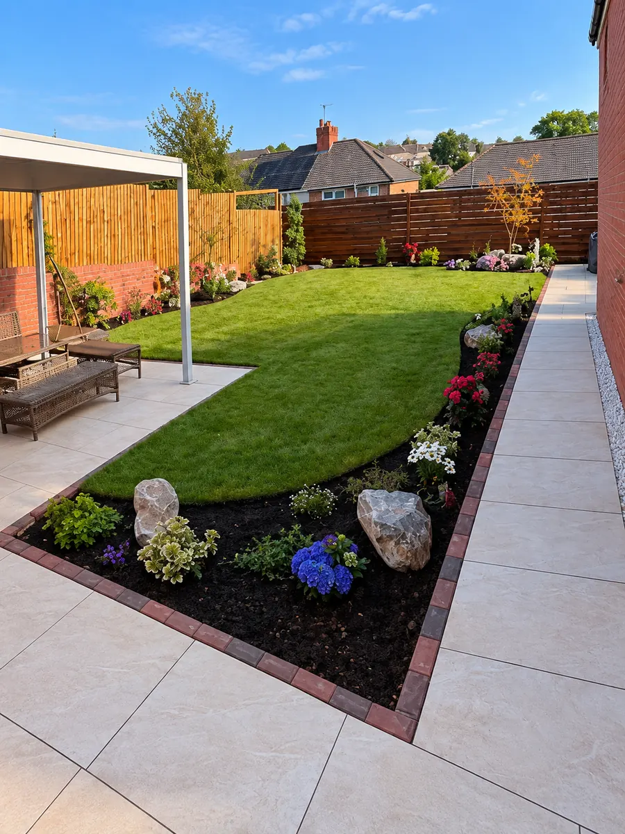 Natural lawn, planted borders, slab paths and timber fencing